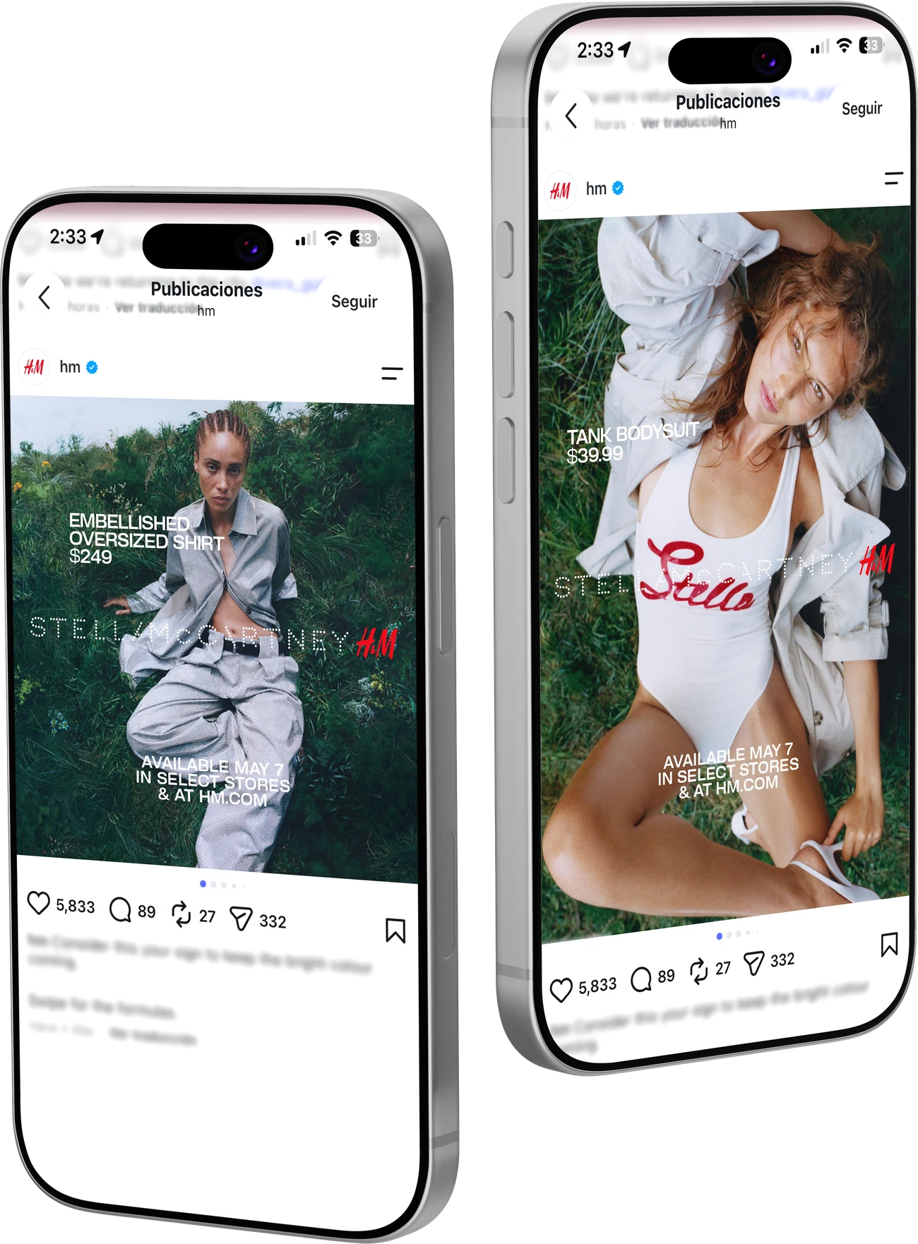 Stella McCartney x H&M social posts shown on phones
