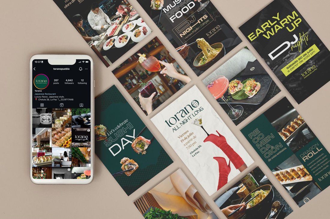 Torano social media grid, stories and event posts